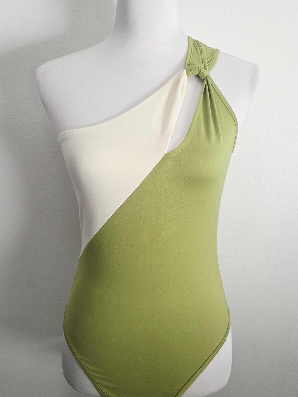 One-Shoulder Two-Tone Olive & Cream Bodysuit